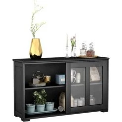 COSTWAY Buffet De Cuisine Avec Porte Coulissante En Verre, Meuble Rangement Avec 2 Etagères En MDF Pour Cuisine Chambre Salon, Noir