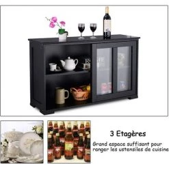 COSTWAY Buffet De Cuisine Avec Porte Coulissante En Verre, Meuble Rangement Avec 2 Etagères En MDF Pour Cuisine Chambre Salon, Noir -Buffet et enfilade Soldes 10735837 3