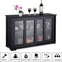 COSTWAY Buffet De Cuisine Avec Porte Coulissante En Verre, Meuble Rangement Avec 2 Etagères En MDF Pour Cuisine Chambre Salon, Noir -Buffet et enfilade Soldes 10735837 4