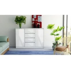 HUCOCO PARME - Commode Contemporaine 2 Portes & 4 Triroirs Chambre/salon/bureau 40x120x97 - Buffet Scandinave - Meuble De Rangement - Blanc -Buffet et enfilade Soldes 14260653 2