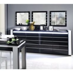 PRICE FACTORY Buffet, Bahut, Enfilade LINA Avec LED + 3 X Miroirs. Meuble Noir Et Blanc, Idéal Pour Votre Salon Ou Salle à Manger. - Noir