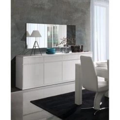 PRICE FACTORY Buffet, Bahut, Enfilade 4 Portes Et 4 Tiroirs + Miroirs FABIO. Blanc Brillant. Meuble Design Pour Votre Salon Salle à Manger - Blanc
