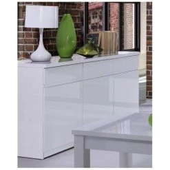 PRICE FACTORY Buffet, Bahut, Enfilade 3 Portes Et 3 Tiroirs FABIO + Miroir. Coloris Blanc Brillant. Meuble Pour Salon Salle à Manger - Blanc