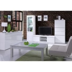 PRICE FACTORY Buffet, Bahut, Enfilade 3 Portes Et 3 Tiroirs FABIO + Miroir. Coloris Blanc Brillant. Meuble Pour Salon Salle à Manger - Blanc -Buffet et enfilade Soldes 14343321 3