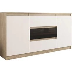 HUCOCO ALBI S3 - Commode Contemporaine - 140x40x76 Cm - 3 Tiroirs + 2 Portes - Meuble De Rangement Chambre/salon/bureau - Buffet - Beige