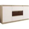 HUCOCO ALBI S3 - Commode Moderne Meuble Rangement Buffet Chambre/salon/bureau - 140x40x76 - 3 Tiroirs 2 Portes - Finition Gloss - Beige