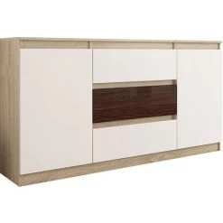 HUCOCO ALBI S3 - Commode Moderne Meuble Rangement Buffet Chambre/salon/bureau - 140x40x76 - 3 Tiroirs 2 Portes - Finition Gloss - Beige