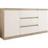HUCOCO ALBI S3 - Commode Tendance Meuble Rangement Buffet Chambre/salon/bureau - 140x40x76 - 3 Tiroirs 2 Portes - Finition Gloss - Beige