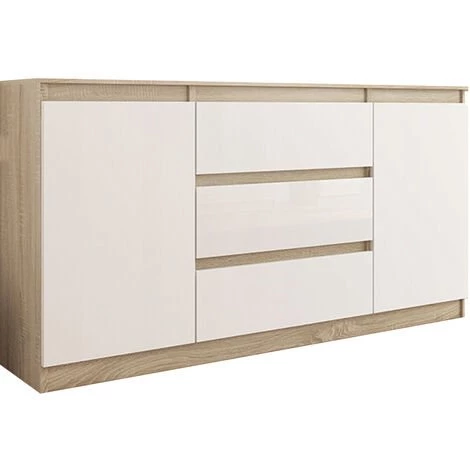HUCOCO ALBI S3 - Commode Tendance Meuble Rangement Buffet Chambre/salon/bureau - 140x40x76 - 3 Tiroirs 2 Portes - Finition Gloss - Beige 1 HUCOCO ALBI S3 - Commode Tendance Meuble Rangement Buffet Chambre/salon/bureau - 140x40x76 - 3 Tiroirs 2 Portes - Finition Gloss - Beige