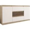HUCOCO ALBI - Buffet De Salon 3 Tiroirs + 2 Portes - 140x40x76 Cm - Commode Salon - Meuble De Rangement - Beige
