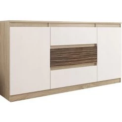 HUCOCO ALBI - Buffet De Salon 3 Tiroirs + 2 Portes - 140x40x76 Cm - Commode Salon - Meuble De Rangement - Beige