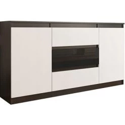 HUCOCO ALBI - Buffet De Salon 3 Tiroirs + 2 Portes - 140x40x76 Cm - Commode Salon - Meuble De Rangement - Marron