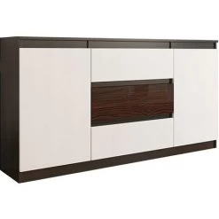 HUCOCO ALBI 3W - Commode Tendance Chambre Bureau 140x40x76 Cm - 3 Tiroirs Profonds + 2 Portes - Meuble De Rangement - Dressing - Marron