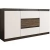 HUCOCO ALBI 3W - Commode Contemporaine 140x40x76 - Meuble Rangement Buffet Chambre/salon/bureau - 3 Tiroirs 2 Portes - Finition Gloss - Marron