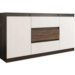 HUCOCO ALBI 3W - Commode Contemporaine 140x40x76 - Meuble Rangement Buffet Chambre/salon/bureau - 3 Tiroirs 2 Portes - Finition Gloss - Marron