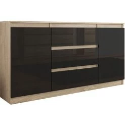HUCOCO ALBI S2 - Commode Contemporaine Meuble Rangement Buffet Chambre/salon/bureau - 140x40x76 Cm - 3 Tiroirs + 2 Portes - Gloss - Beige