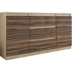 HUCOCO ALBI S2 - Commode Moderne 140x40x76 Cm - Meuble Rangement Chambre/salon/bureau - 3 Tiroirs 2 Portes - Buffet Finition Gloss - Beige