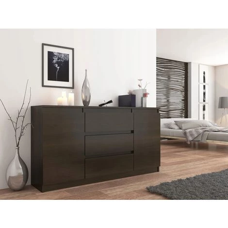 HUCOCO ALBI - Commode Buffet Contemporain 140x40x76 Cm 3 Tiroirs/2 Portes - Meuble Rangement Chambre/salon/bureau - Dressing Moderne - Marron 2 HUCOCO ALBI - Commode Buffet Contemporain 140x40x76 Cm 3 Tiroirs/2 Portes - Meuble Rangement Chambre/salon/bureau - Dressing Moderne - Marron – Image 2