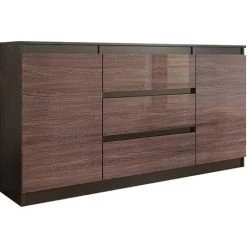 HUCOCO ALBI - Buffet De Salon 3 Tiroirs + 2 Portes - 140x40x76 Cm - Commode Salon - Meuble De Rangement - Marron