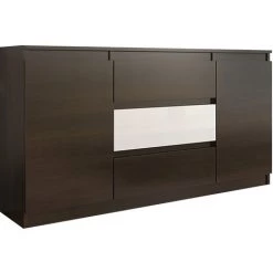 HUCOCO ALBI 2W - Commode Meuble Moderne Buffet 140x40x76 - Rangement 3 Tiroirs + 2 Niches - Buffet Chiffonier Dressing Finition Gloss - Marron