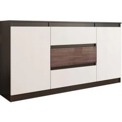 HUCOCO ALBI - Buffet De Salon 3 Tiroirs + 2 Portes - 140x40x76 Cm - Commode Salon - Meuble De Rangement - Marron