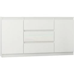 HUCOCO ALBI W1 - Commode Chambre Style Tendance 140x40x76 - 3 Tiroirs + 2 Portes - Meuble Rangement Chambre/salon/bureau Chiffonier - Blanc