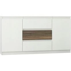 HUCOCO ALBI W1 - Commode Contemporaine Meuble Rangement Buffet Chambre/salon - 140x40x76 Cm - 3 Tiroirs 2 Portes - Finition Gloss - Blanc