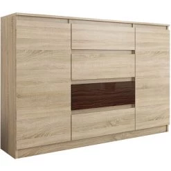 HUCOCO PORTO S1 - Commode Style Moderne Meuble Rangement Chambre/salon - 140x40x98 - 4 Tiroirs/2 Portes - Finition Gloss - Buffet - Beige