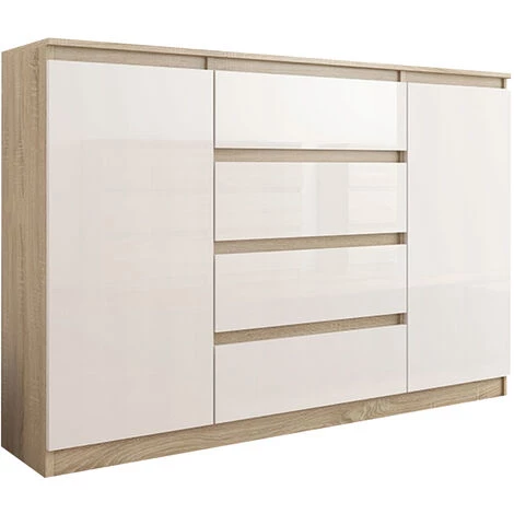 HUCOCO PORTO S2 - Commode Tendance Chambre/salon - 140x40x98 Cm - 4 Tiroirs + 2 Portes/niches - Finition Gloss - Buffet Moderne Séjour - Beige 1 HUCOCO PORTO S2 - Commode Tendance Chambre/salon - 140x40x98 Cm - 4 Tiroirs + 2 Portes/niches - Finition Gloss - Buffet Moderne Séjour - Beige
