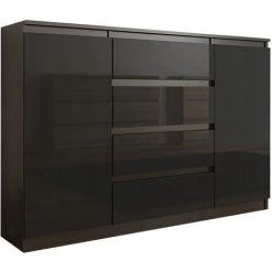 HUCOCO PORTO 2W - Commode Contemporaine Meuble Rangement Chambre/salon - 140x40x98 Cm - 4 Tiroirs - Finition Gloss - Buffet Séjour - Marron