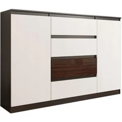 HUCOCO PORTO 1W - Commode Contemporaine - 140x40x98 Cm - 4 Tiroirs/2 Niches - Meuble Rangement Chambre/salon Dressing - Buffet Séjour - Marron