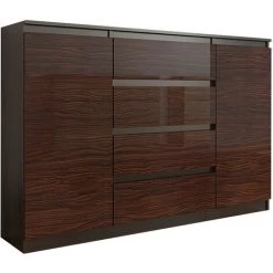 HUCOCO PORTO 2W - Commode Moderne 140x40x98 Cm - Meuble Rangement Chambre/salon| 4 Tiroirs + 2 Portes - Finition Gloss - Buffet Séjour - Marron