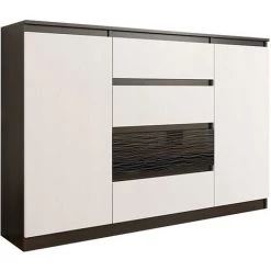 HUCOCO PORTO 1W - Commode Style Contemporaine 140x40x98 Cm - 4 Tiroirs + 2 Portes - Mobilier Moderne Salon/chambre - Buffet Séjour - Marron