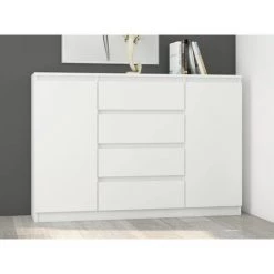 HUCOCO PORTO - Commode Contemporaine Chambre Salon Bureau 140x40x98 Cm - 4 Tiroirs Coulissants - Meuble De Rangementent - Buffet - Blanc -Buffet et enfilade Soldes 14841167 2