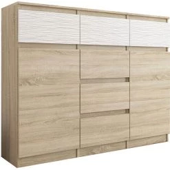 HUCOCO MONACO S1 - Commode Contemporaine 120x40x98 - Meuble Rangement à 6 Tiroirs + 2 Portes - Finition Laquée - Buffet Dressing - Beige