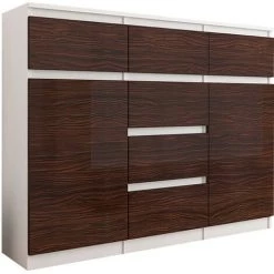 HUCOCO MONACO W2 - Commode Tendance Meuble Rangement Chambre/salon - 120x40x98 - 6 Tiroirs 2 Portes - Finition Gloss - Buffet Séjour - Blanc