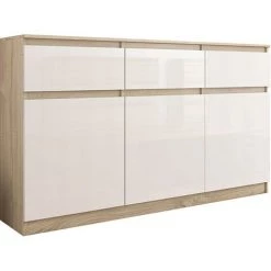 HUCOCO RIGA II - Commode Contemporaine 40x120x98 Cm Chambre/salon/bureau Finition Gloss/Mat - 3 Tiroirs 3 Portes - Dressing Chiffonier - Beige