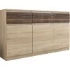 HUCOCO RIGA I - Commode Contemporaine Chambre/salon 40x120x98 Cm - 3 Tiroirs Gloss 3 Portes - Meuble De Rangement - Buffet Séjour - Beige