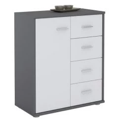 IDIMEX Buffet OSCAR, Commode Meuble De Rangement Avec 4 Tiroirs Et 1 Porte, En Mélaminé Gris Mat Et Blanc Mat - Gris/blanc