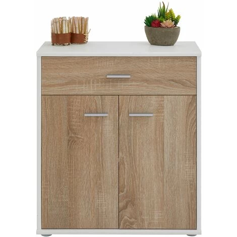 IDIMEX Buffet MONACO, Commode Meuble De Rangement Avec 1 Tiroir Et 2 Portes, En Mélaminé Blanc Mat Et Décor Chêne Sonoma - Blanc/chêne Sonoma 3 IDIMEX Buffet MONACO, Commode Meuble De Rangement Avec 1 Tiroir Et 2 Portes, En Mélaminé Blanc Mat Et Décor Chêne Sonoma - Blanc/chêne Sonoma – Image 3