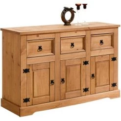 IDIMEX Buffet TEQUILA Bahut Commode Vaisselier En Bois Style Mexicain Avec 3 Tiroirs Et 3 Portes Battantes, En Pin Massif Finition Teintée/ - Naturel