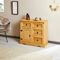 IDIMEX Commode TEQUILA Buffet Bahut Vaisselier En Bois Style Mexicain Avec 4 Tiroirs Et 1 Porte, En Pin Massif à La Finition Cirée - Finition Cirée/coloris Antique -Buffet et enfilade Soldes 15070606 2