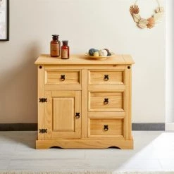 IDIMEX Commode TEQUILA Buffet Bahut Vaisselier En Bois Style Mexicain Avec 4 Tiroirs Et 1 Porte, En Pin Massif à La Finition Cirée - Finition Cirée/coloris Antique -Buffet et enfilade Soldes 15070606 3