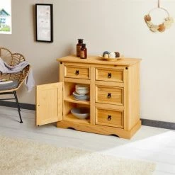 IDIMEX Commode TEQUILA Buffet Bahut Vaisselier En Bois Style Mexicain Avec 4 Tiroirs Et 1 Porte, En Pin Massif à La Finition Cirée - Finition Cirée/coloris Antique -Buffet et enfilade Soldes 15070606 4