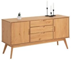 IDIMEX Buffet TIVOLI Design Vintage Scandinave Nordique Commode Bahut Vaisselier 3 Tiroirs 2 Portes, Pin Massif Finition Bois Teinté - Brun