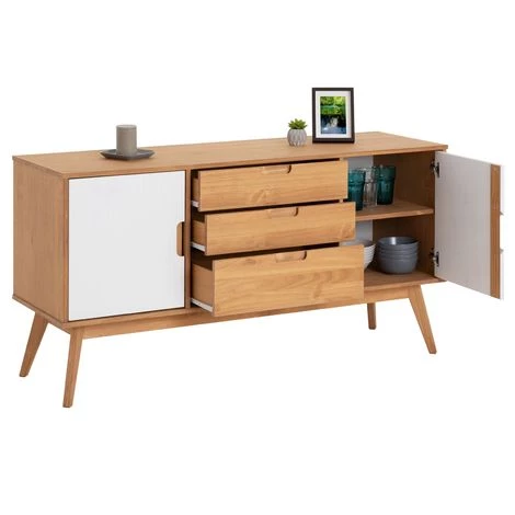 IDIMEX Buffet TIVOLI Design Vintage Scandinave Nordique Commode Bahut Vaisselier 3 Tiroirs 2 Portes, Pin Massif Finition Bois Teinté/blanc - Brun/blanc 2 IDIMEX Buffet TIVOLI Design Vintage Scandinave Nordique Commode Bahut Vaisselier 3 Tiroirs 2 Portes, Pin Massif Finition Bois Teinté/blanc - Brun/blanc – Image 2