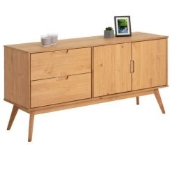 IDIMEX Buffet TIVOLI Design Vintage Scandinave Nordique Commode Bahut Vaisselier 2 Tiroirs 2 Portes, Pin Massif Finition Bois Teinté - Brun