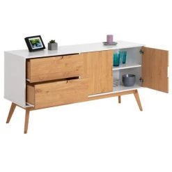 IDIMEX Buffet TIVOLI Design Vintage Scandinave Nordique Commode Bahut Vaisselier 2 Tiroirs 2 Portes, Pin Massif Finition Blanc/bois Teinté - Blanc/Brun -Buffet et enfilade Soldes 15070686 2