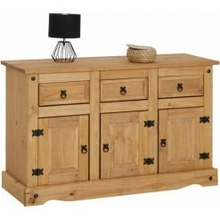 IDIMEX Buffet SALSA Commode Bahut Vaisselier En Bois Style Mexicain Avec 3 Portes Et 3 Tiroirs, En Pin Massif Finition Teintée/cirée - Naturel