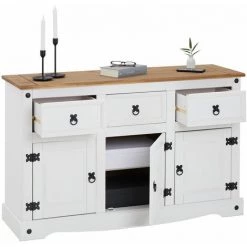 IDIMEX Buffet CAMPO Commode Bahut Vaisselier En Pin Massif Blanc Et Brun Avec 3 Tiroirs 3 Portes Meuble De Rangement Style Mexicain En Bois - Blanc/Brun -Buffet et enfilade Soldes 15467269 4